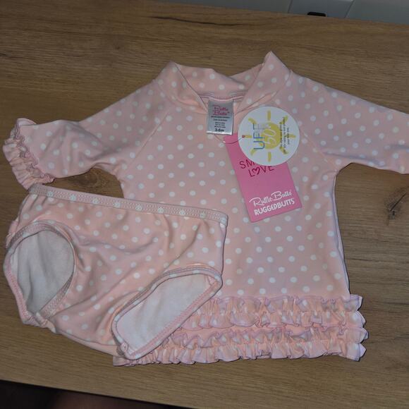 Ruffle butts Pink Polka Dot Rash Guard Swimsuit Infant Toddler 3-6 Month - Picture 1 of 2